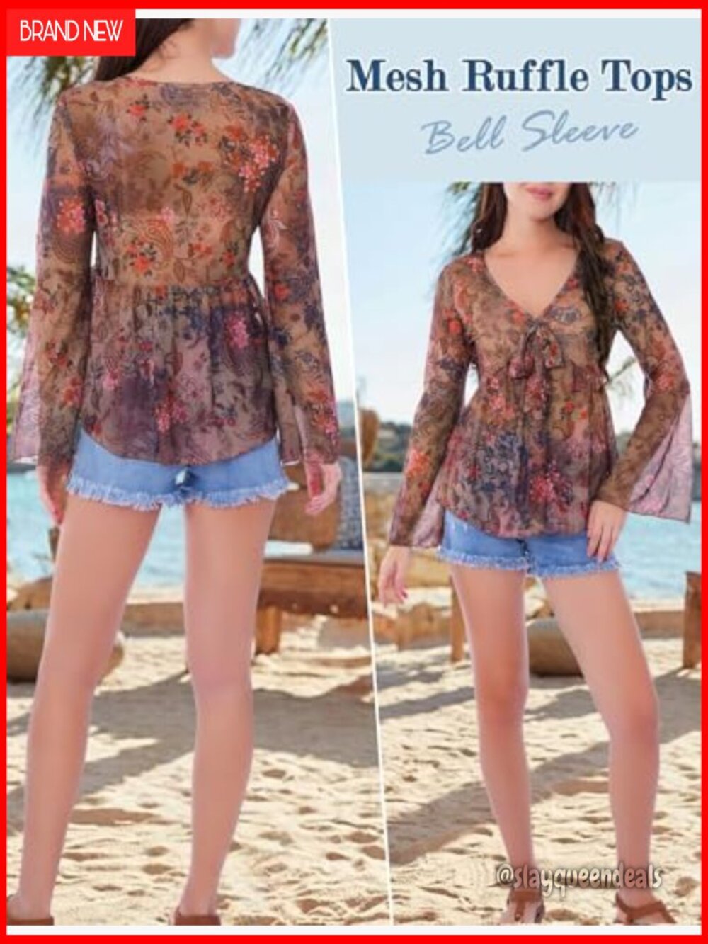 Bell Sleeve Boho Peplum Mesh V Neck Blouse Tie Front Vacation Top - Picture 4 of 6